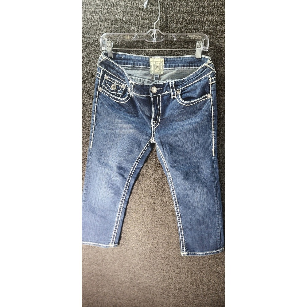 LA Idol USA Womens Capri Jeans Dark Wash White Contrast Stitch Rhinestone Sz 11
